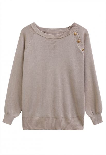 Solid Color Golden Buttoned Knit Top in Taupe