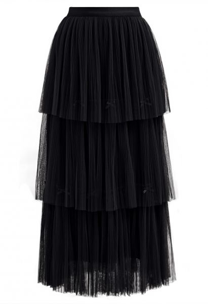 Bowknot Embellished Plisse Tiered Mesh Tulle Skirt in Black