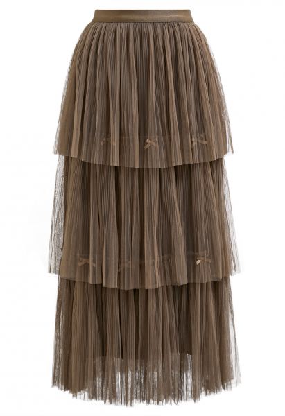 Bowknot Embellished Plisse Tiered Mesh Tulle Skirt in Brown