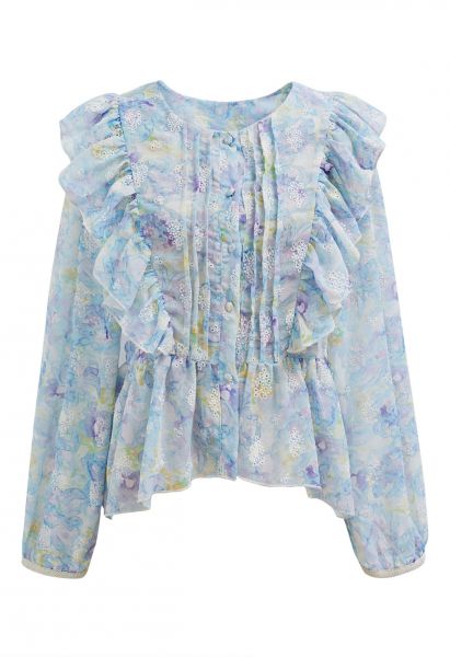 Floret Eyelet Embroidered Buttoned Dolly Top in Blue
