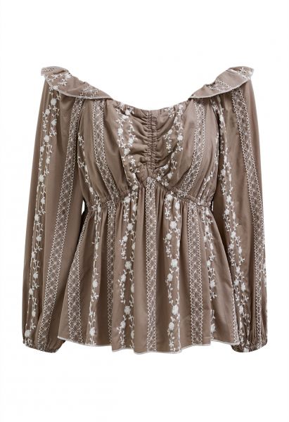 Floret Chain Embroidered Dolly Top in Brown