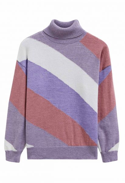 Striped Color Block Turtleneck Knit Sweater in Purple