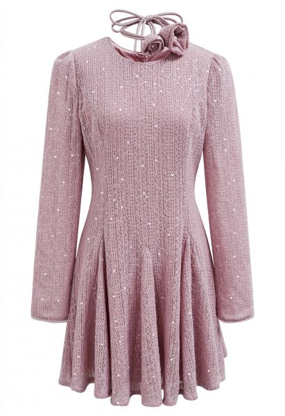 Glitter Sequin Frilling Dress with Choker in Pink