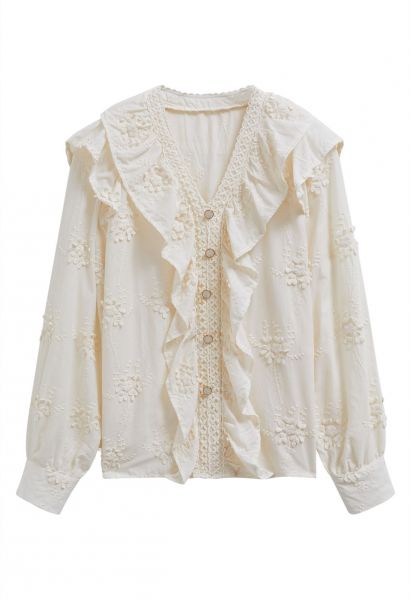 Floret Embroidery Ruffled Buttoned Top in Cream