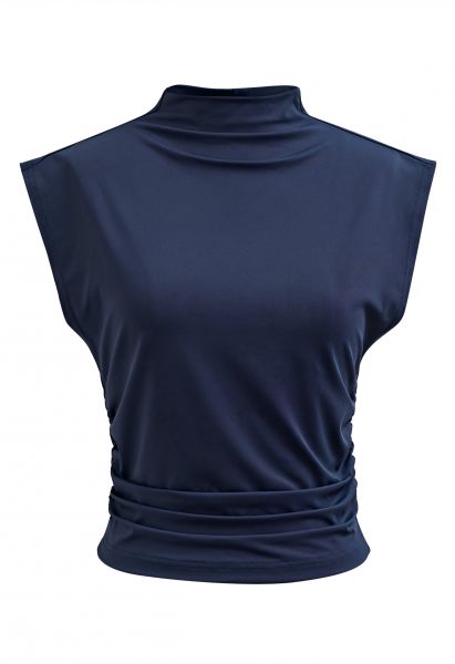 Mock Neck Ruched Sleeveless Top in Navy