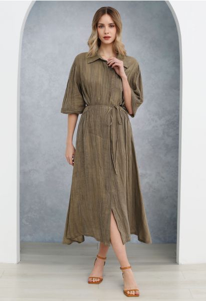 Elbow Sleeve Tie-Waist Buttoned Shirt Dress in Brown