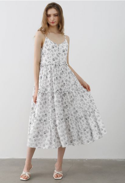 Floral Front Buttoned Ruffled Trim Cami Midi Dress in White