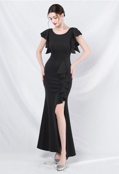 Glamorous Ruffle Trim Slit Mermaid Gown in Black