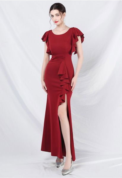 Glamorous Ruffle Trim Slit Mermaid Gown in Red