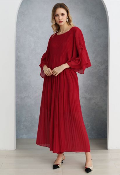 Plisse Bell Sleeves Chiffon Top and Pants Set in Red