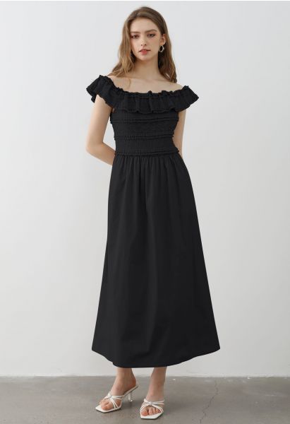 Tiered Lace Off-Shoulder Spliced Dress in Black