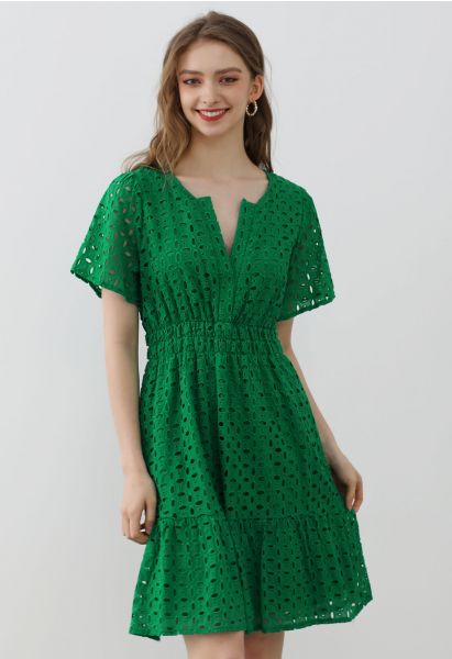 Eyelet Embroidery V-Neck Cotton Dress in Green