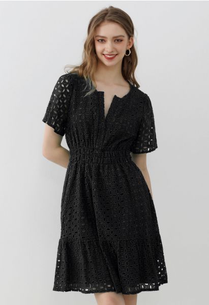 Eyelet Embroidery V-Neck Cotton Dress in Black