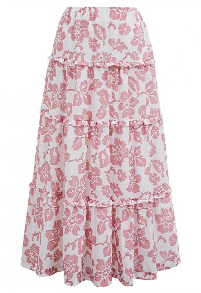 Sunny Blooms Ruffle Trim A-Line Skirt in Pink