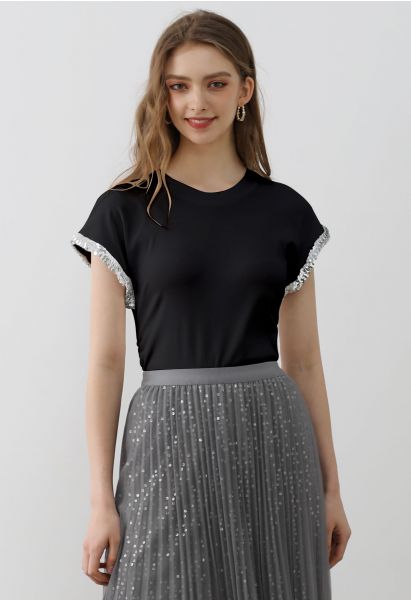 Sequined Cuff Ruched Side T-Shirt in Black