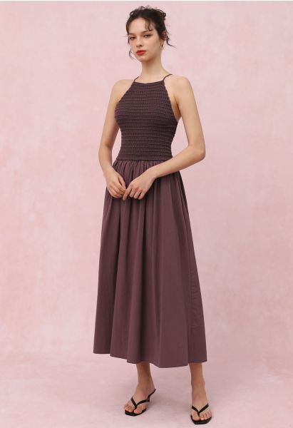 Lace-Up Back Knit Spliced Dress in Brown