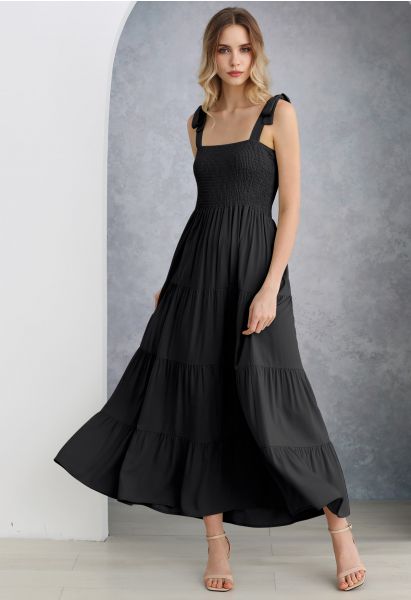 Fluttering Tie-Shoulder Shirred Maxi Dress in Black
