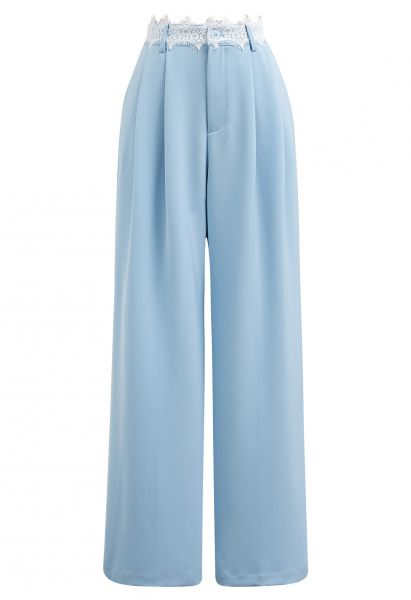 Lacy Waist Pleated Straight-Leg Pants in Blue