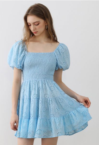 Floral Eyelet Bubble Sleeve Mini Dress in Blue
