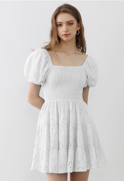Floral Eyelet Bubble Sleeve Mini Dress in White