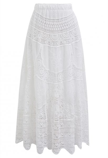 Embroidered Floral Cutwork Crochet Maxi Skirt in White
