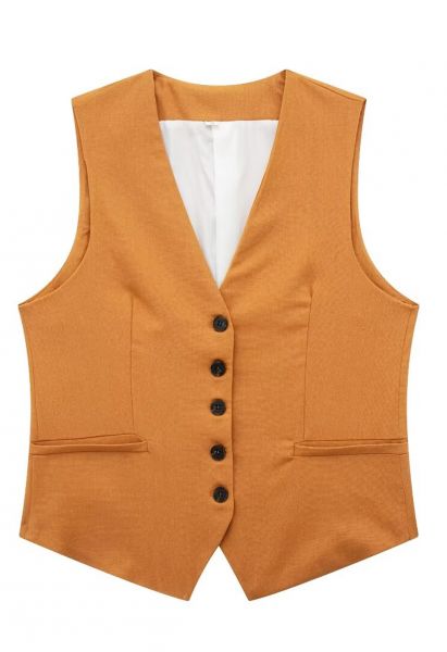 V-Neck Buttoned Down Linen-Blend Vest in Pumpkin