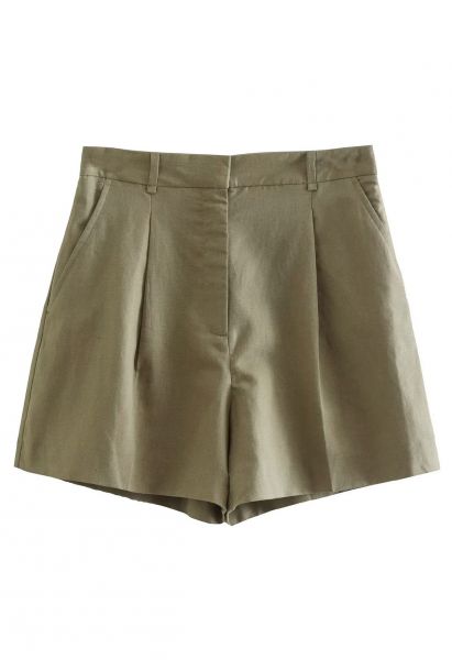 Side Pocket Pleated Linen-Blend Shorts in Moss Green