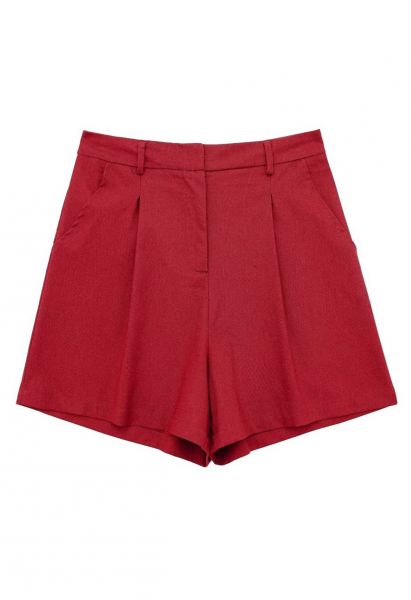 Side Pocket Pleated Linen-Blend Shorts in Red