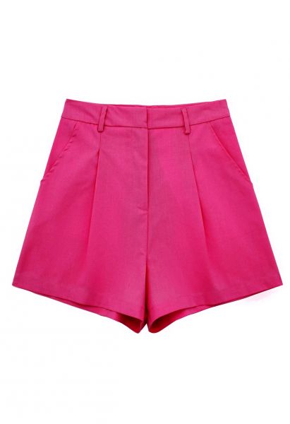 Side Pocket Pleated Linen-Blend Shorts in Hot Pink