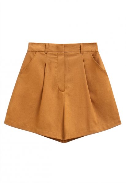 Side Pocket Pleated Linen-Blend Shorts in Pumpkin