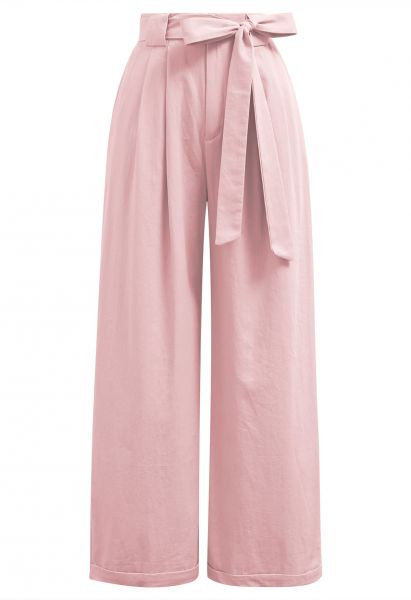 Bow Tie Sash Pleated Wide-Leg Pants in Pink