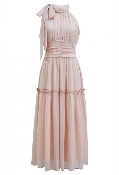 Solid Color Bowknot Halter Neck Ruffle Midi Dress in Light Pink