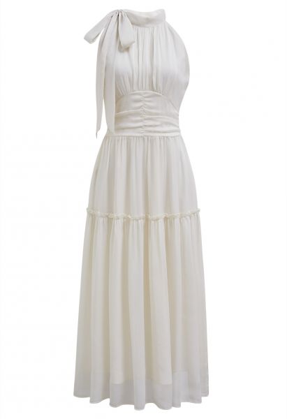 Solid Color Bowknot Halter Neck Ruffle Midi Dress in Ivory