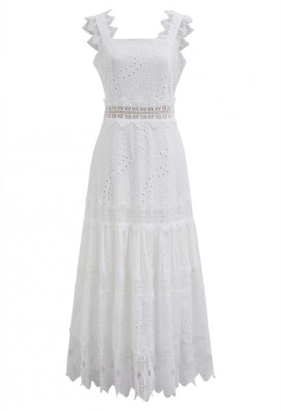 Leaves Eyelet Embroidered Lace Trim Cami Dress in White