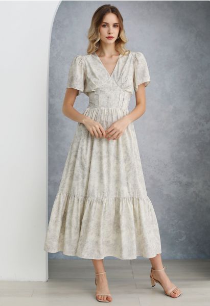 V-Neck Padded Shoulder Printed Frilling Dress in Ivory