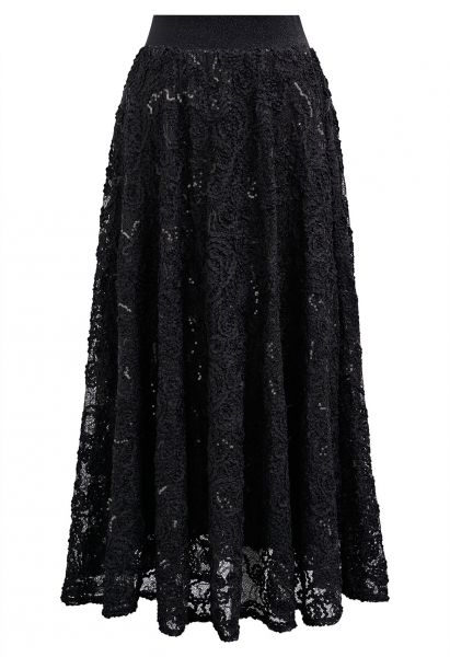 Floral Crochet Sequin Embellished Fishnet Maxi Skirt in Black