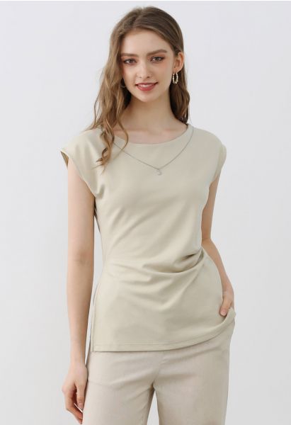 Decorative Necklace Side Pleat Cotton Top in Sand