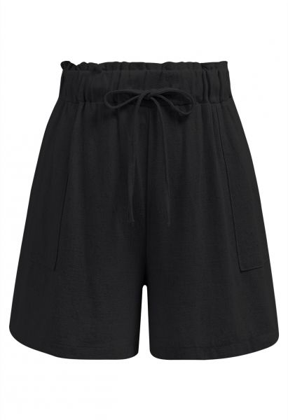 Ruffle Waist Detail Linen-Blend Shorts in Black