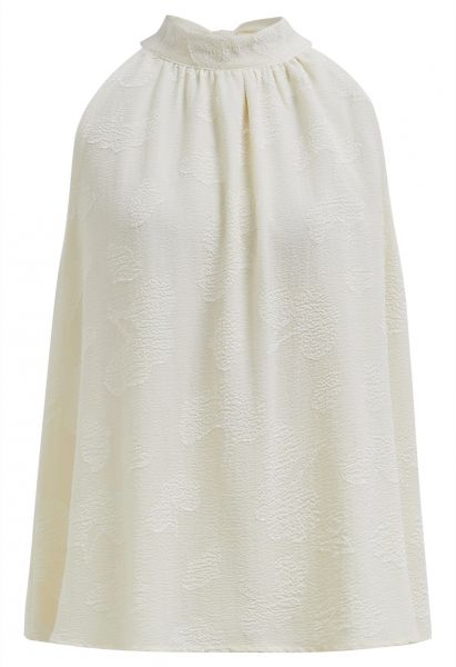 Emboss Floral Texture Bowknot Halter Top in Cream