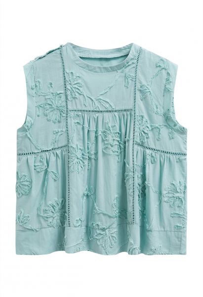 Raw Detail 3D Floral Sleeveless Dolly Top in Mint