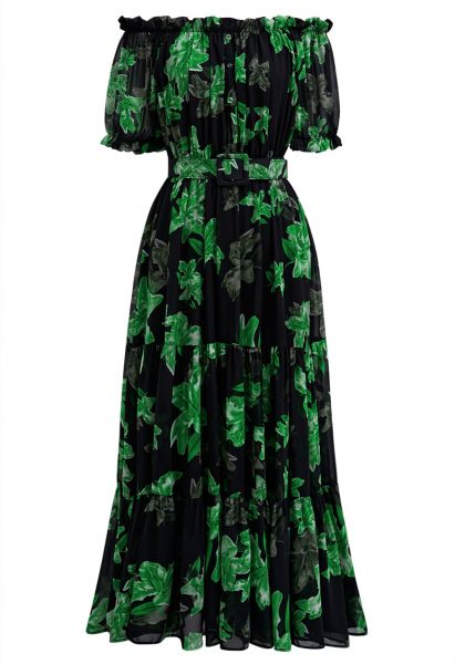 Lily Printed Off-Shoulder Chiffon Midi Dress in Green