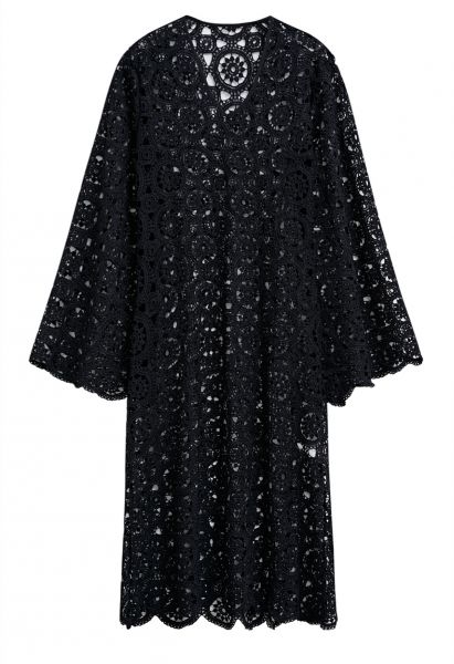 V-Neck Guipure Lace Flare Sleeve Cover-Up Dress in Black