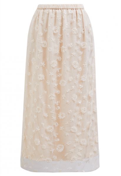 Sequined Dandelion Mesh Midi Skirt in Apricot