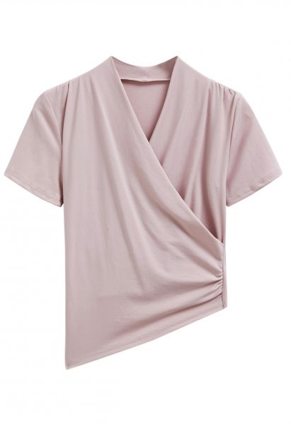 Faux-Wrap Short Sleeve Asymmetric Top in Dusty Pink