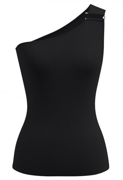 U-Shaped Metal Decor One-Shoulder Knit Top in Black