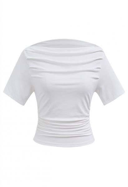 Boat Neck Short Sleeve Ruched Cotton Top in White