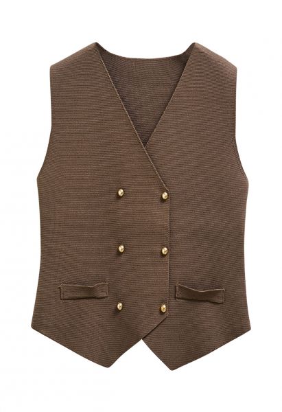 Asymmetric Hem Double-Breasted Knit Vest in Brown