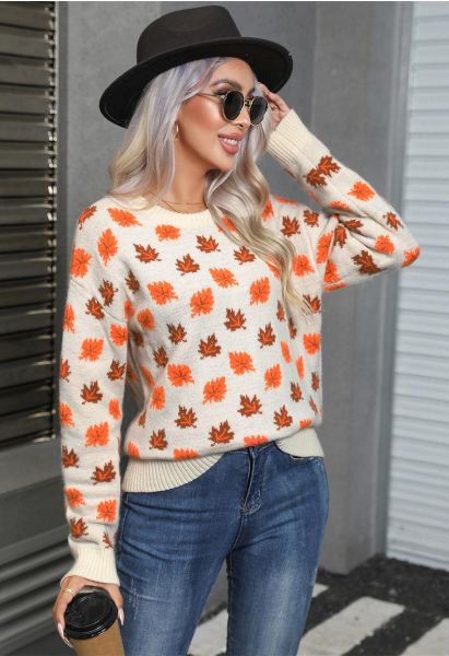 Maple Leaf Long Sleeves Oversized Knit Sweater in Ivory