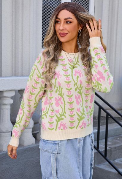 Floral Branch Jacquard Knit Sweater in Cream