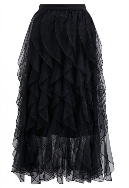 Rippling Attraction Panelled Mesh Tulle Skirt in Black